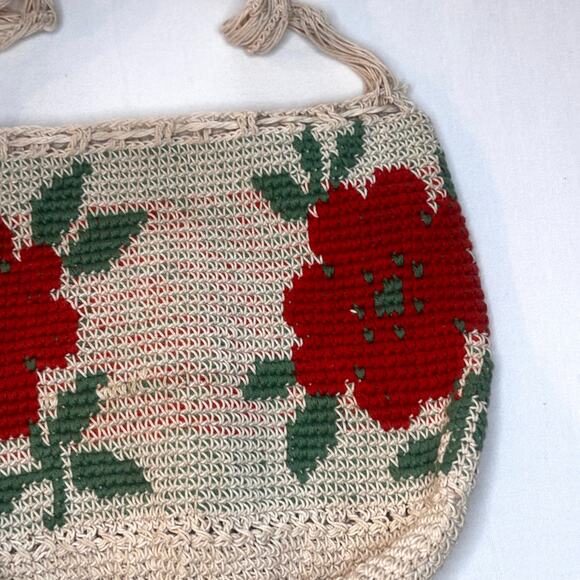 Antique 1920s Macrame Crochet Drawstring Purse Orange Flower Crossbody Tassels - Picture 5 of 16